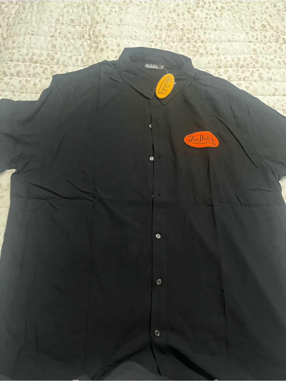 Von Dutch Black Short-Sleeve Button Down Shirt with Orange Logo Patch